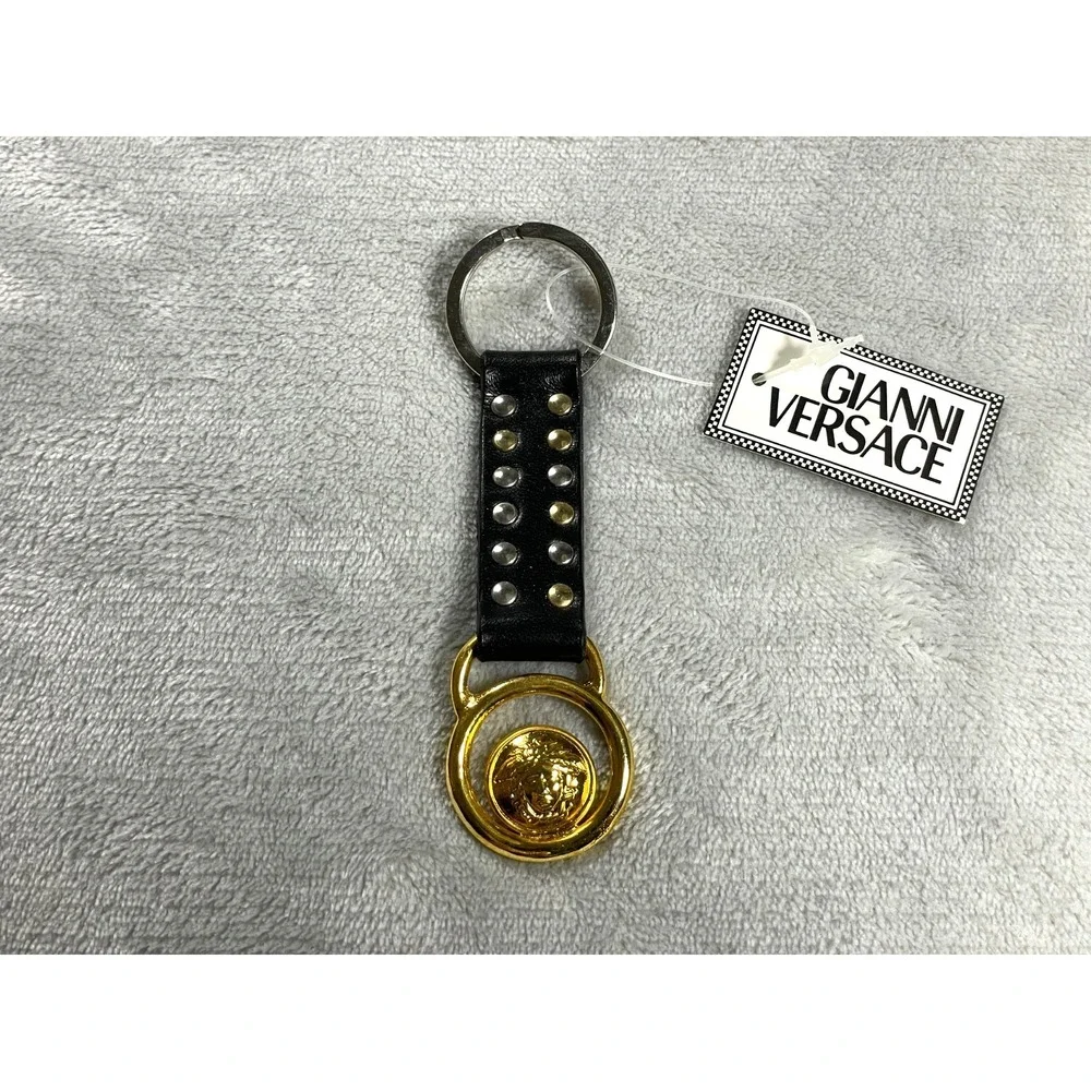 Vintage Gianni Versace Medusa Keychain Black Gold Leather Studded With Box Tag